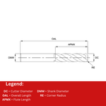 Europa Tools Carbide End Mill 3 Flute - Corner Radius For For Aluminium - Long Length Mastermill AL-HPC - 20mm x R1.5