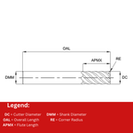 Europa Tools Carbide End Mill 6 Flute Corner Radius - Standard Length - Mastermill VX6 - 12mm x R1