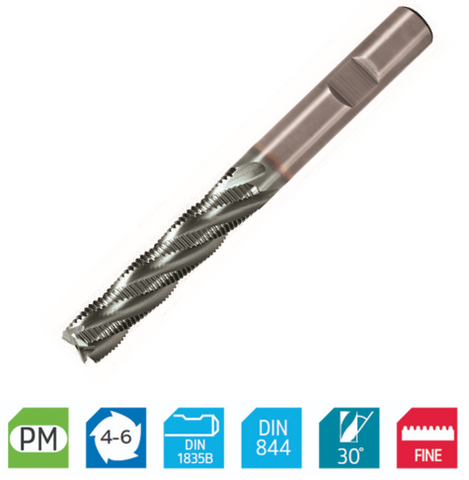 Europa Tools Powder Metal Roughing EndMill - Multi Flute Sabre Rougher - LongLength Fine Pitch - 6mm