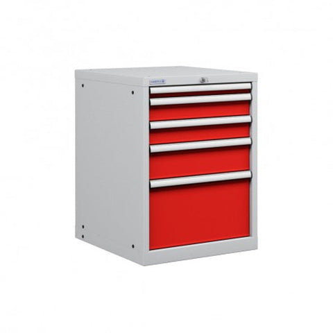 Polstore Cabinet - 5 Drawers 27x27EH - 90% Extension - Light Grey/Red - 564mm(W) x 627mm(D) x 765mm(H)