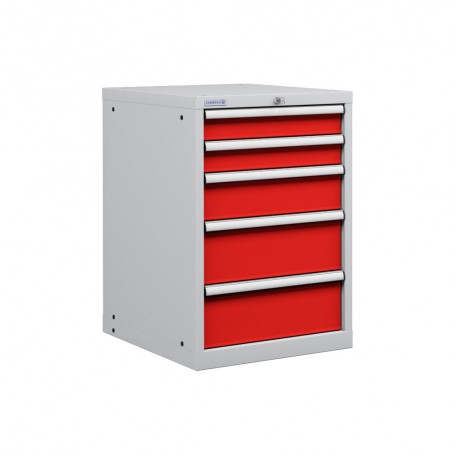 Polstore Cabinet - 5 Drawers 27x36EH - 100% Extension - Light Grey/Red - 564mm(W) x 725mm(D) x 850mm(H)