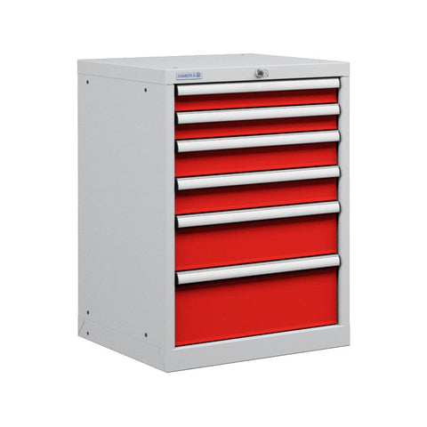 Polstore Cabinet - 6 Drawers 27x27EH - 90% Extension - Light Grey/Red - 564mm(W) x 572mm(D) x 800mm(H)