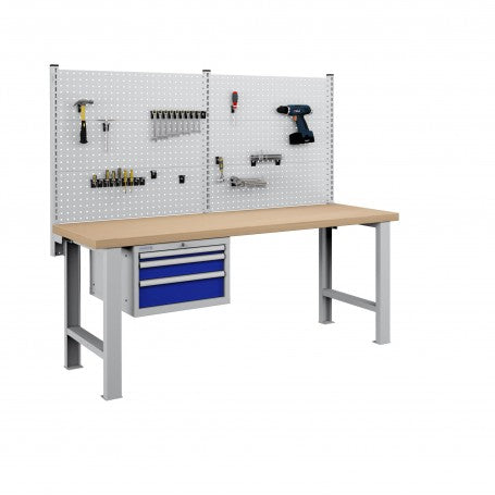 Polstore Workbench Combo - 3 Draws & 6 Panels Multiplex Top - Light Grey/Dark Blue - 2000mm(w) x 750mm(d)