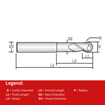 Widin Carbide End Mill For Aluminium & Non-Ferrous - 2 Flute 50Â° Helix Ball Nose- 10mm x 75mm