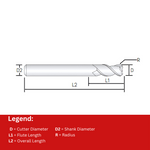 Widin Carbide Corner Radius End Mill For Aluminium & Non-Ferrous - 2 Flute - D.L.C Coated - 12mm x 32mm x R0.2