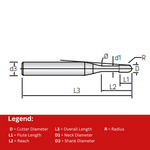 Widin Carbide End Mill - 2 Flute Long Neck- Ball Nose - 0.5mm x 8mm