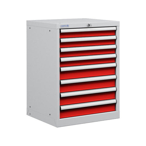 Polstore Cabinet - 8 Drawers 27x27EH - 100% Extension - Light Grey/Red - 564mm(W) x 572mm(D) x 850mm(H)