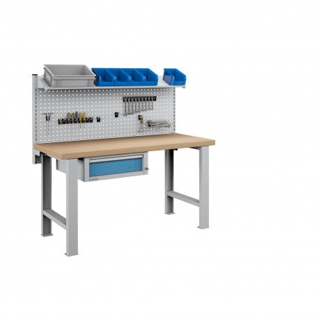 Polstore Workbench Combo - 1 Draw, 2 Panels & 1 Shelf Multiplex Top - Light Grey/Light Blue - 1500mm (w) x 750mm (d)