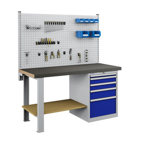 Polstore Workbench Combo - 5 Draws & 3 Panels Multiplex Top - Rubber Cover - Light Grey/Dark Blue - 1500mm(w) x 750mm(d)