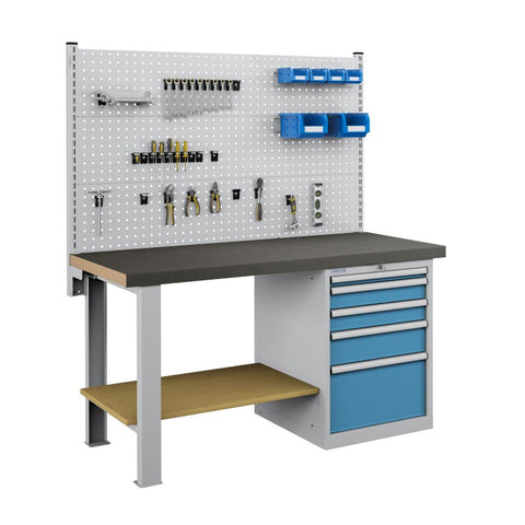 Polstore Workbench Combo - 5 Draws & 3 Panels Multiplex Top - Rubber Cover - Light Blue - 1500mm(w) x 750mm(d)