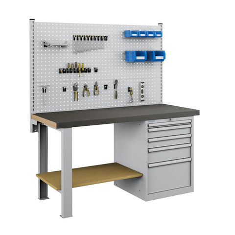 Polstore Workbench Combo - 5 Draws & 3 Panels Multiplex Top - Rubber Cover - Light Grey - 1500mm(w) x 750mm(d)