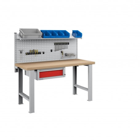 Polstore Workbench Combo - 1 Draw, 2 Panels & 1 Shelf Multiplex Top - Light Grey/Red - 1500mm (w) x 750mm (d)