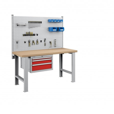 Polstore Workbench Combo - 3 Draws & 3 Panels Multiplex Top - Light Grey/Red - 1500mm(w) x 750mm(d)