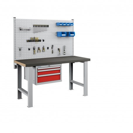 Polstore Workbench Combo - 3 Draws & 3 Panels Multiplex Top - Rubber Cover - Light Grey/Red - 1500mm(w) x 750mm(d)