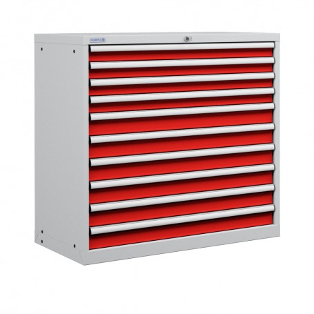 Polstore Cabinet - 10 Drawers 54x27EH - 100% Extension - Light Grey/Red - 1023mm(W) x 572mm(D) x 1000mm(H)