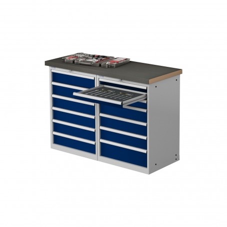 Polstore Workstation - 13 Drawers 36x27EH - 100% Extension - Light Grey/Dark Blue - 1500mm(W) x 600mm(D) x 1040mm(H)