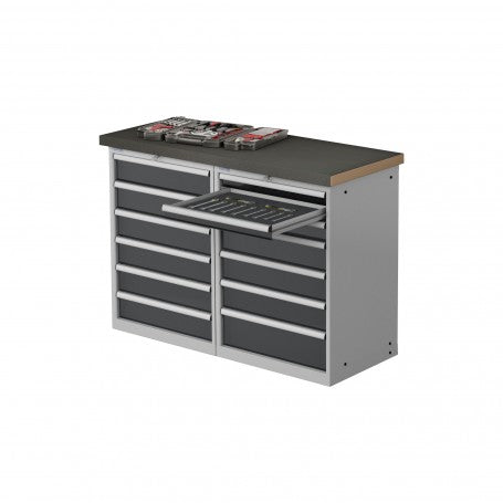 Polstore Workstation - 13 Drawers 36x27EH - 100% Extension - Light Grey/Dark Grey - 1500mm(W) x 600mm(D) x 1040mm(H)