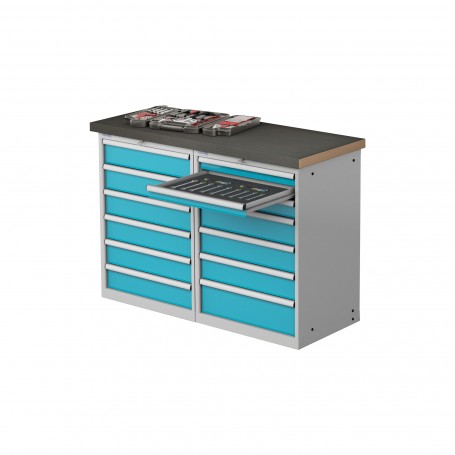 Polstore Workstation - 13 Drawers 36x27EH - 100% Extension - Light Grey/Light Blue - 1500mm(W) x 600mm(D) x 1040mm(H)